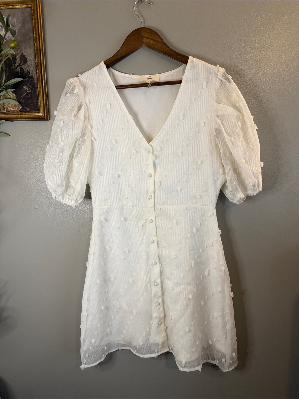 Entro White Swiss Dot Puff Sleeve Mini Dress Size Large - Picture 3 of 8